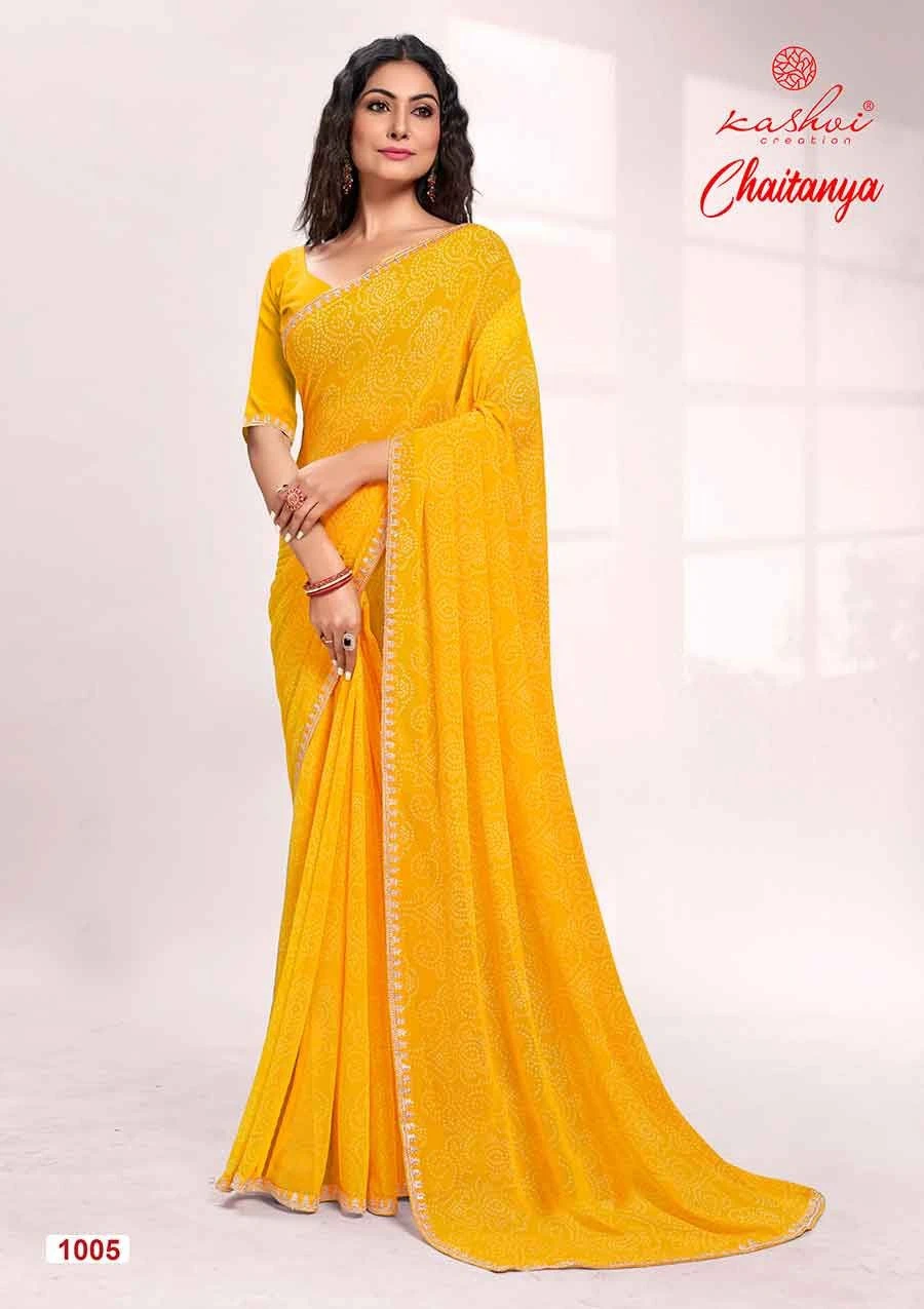Kashvi Creation Chaitanya Bandhej Georgette Wholesale Sarees Catalog — Wholesale Sarees, Kashvi Creation wholesale from Surat - Gallery Image 7